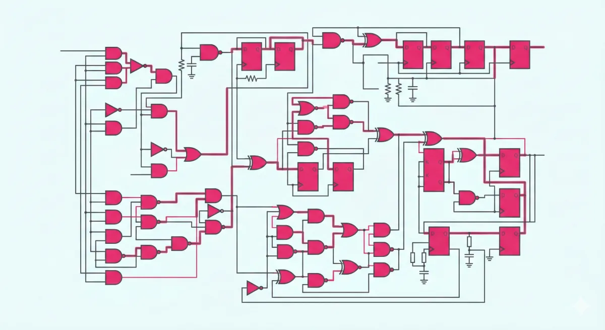 A digital circuit with logic gates and flip-flops in Electra Academy