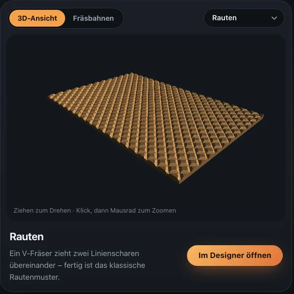 PatternMaster showing a 3D preview of a diamond pattern milled into wood